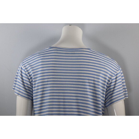 Vince Women's Large Steel Blue Bone White Stripe T-Shirt Silk Blend Tee Crew Top - Picture 6 of 11